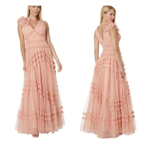 NWT BCBG MAXAZRIA Long Evening Dress adorned with a ruffled floral accent sz 14 - Picture 1 of 15